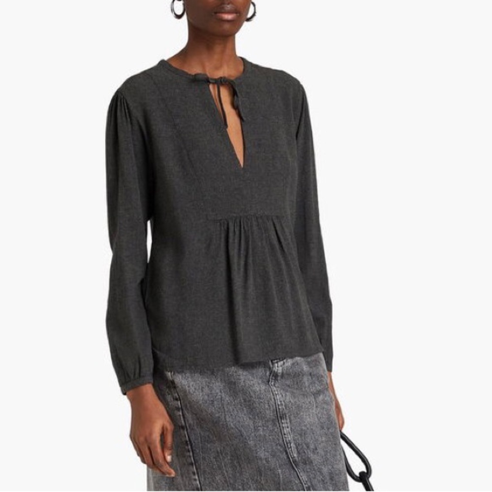 Excellent Charcoal Linen Blend James Perse Gathered Crepe Peasant Blouse, Size 2